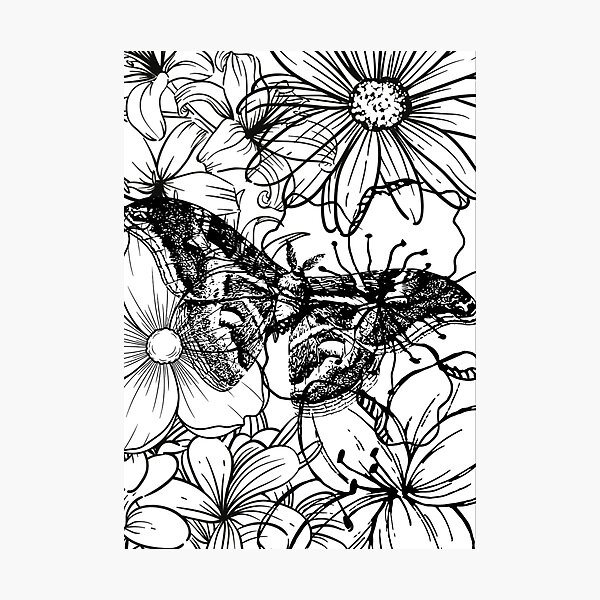 Item preview, Detailed Moon Moth and Wildflowers Aesthetic Ink Sketch designed and sold by DreamyBrushArt.