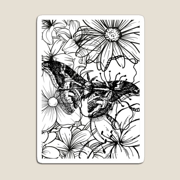 Item preview, Detailed Moon Moth and Wildflowers Aesthetic Ink Sketch designed and sold by DreamyBrushArt.
