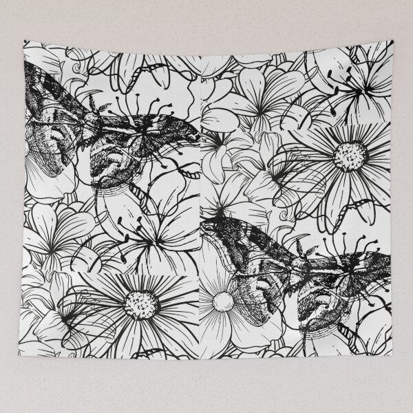 Item preview, Detailed Moon Moth and Wildflowers Aesthetic Ink Sketch designed and sold by DreamyBrushArt.