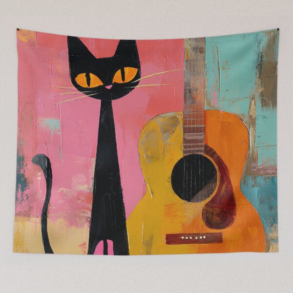 Item preview, Black Cat with Guitar - Whimsical Folk Art designed and sold by daila70.