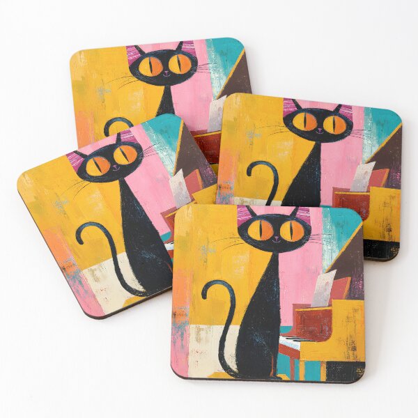 Item preview, Black Cat at the Piano Whimsical Folk Art designed and sold by daila70.