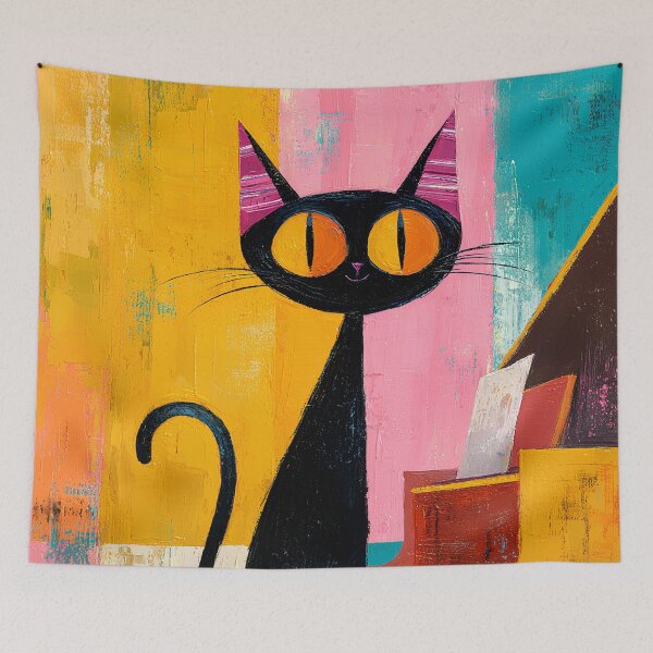 Item preview, Black Cat at the Piano Whimsical Folk Art designed and sold by daila70.
