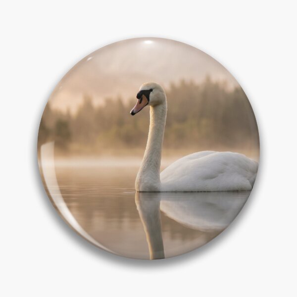 Item preview, Golden Hour Swan on Misty Lake Photography | Elegant Mountain Landscape Wall Art Sunrise designed and sold by Mypixieart.