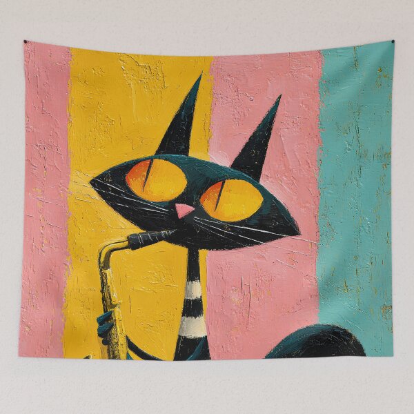 Item preview, Black Cat Playing Saxophone - Whimsical Folk Art designed and sold by daila70.