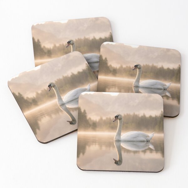Item preview, Golden Hour Swan on Misty Lake Photography | Elegant Mountain Landscape Wall Art Sunrise designed and sold by Mypixieart.