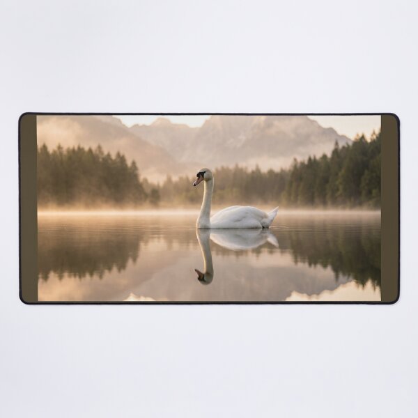 Item preview, Golden Hour Swan on Misty Lake Photography | Elegant Mountain Landscape Wall Art Sunrise designed and sold by Mypixieart.