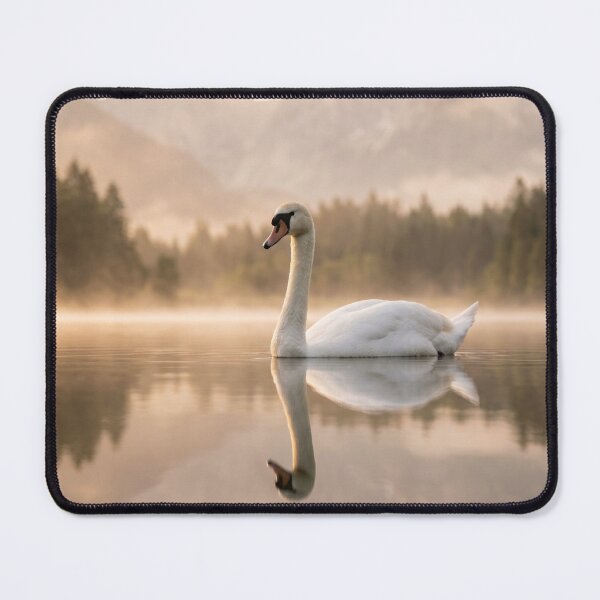 Item preview, Golden Hour Swan on Misty Lake Photography | Elegant Mountain Landscape Wall Art Sunrise designed and sold by Mypixieart.