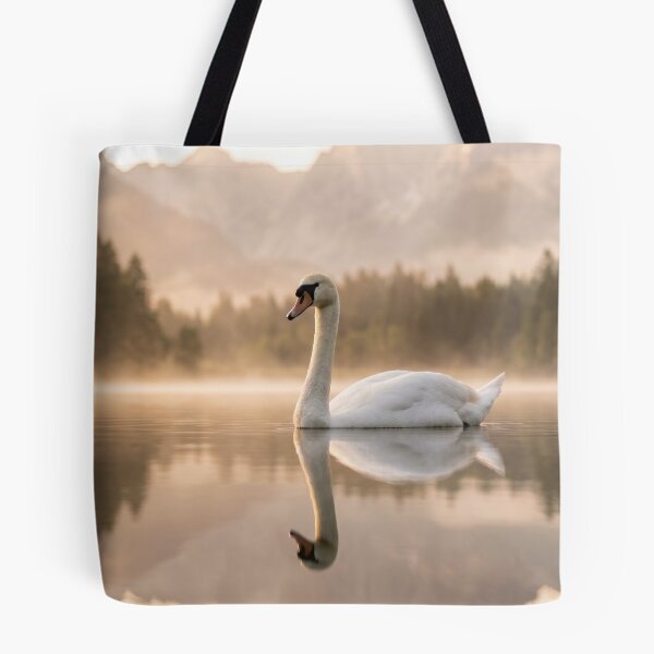 Item preview, Golden Hour Swan on Misty Lake Photography | Elegant Mountain Landscape Wall Art Sunrise designed and sold by Mypixieart.