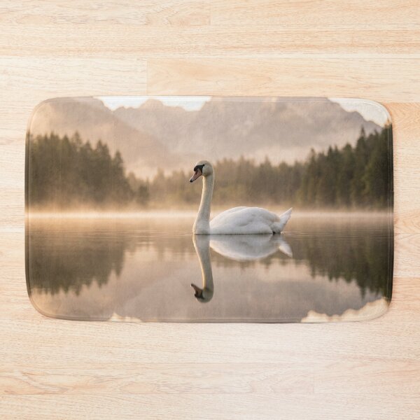 Item preview, Golden Hour Swan on Misty Lake Photography | Elegant Mountain Landscape Wall Art Sunrise designed and sold by Mypixieart.