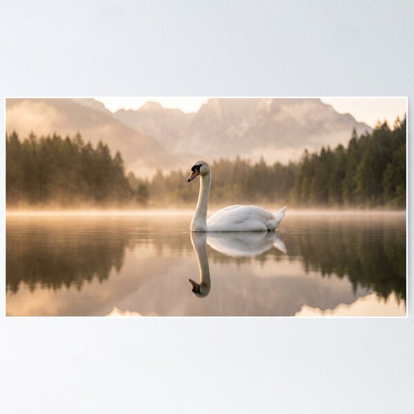 Item preview, Golden Hour Swan on Misty Lake Photography | Elegant Mountain Landscape Wall Art Sunrise designed and sold by Mypixieart.