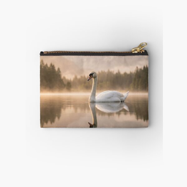 Item preview, Golden Hour Swan on Misty Lake Photography | Elegant Mountain Landscape Wall Art Sunrise designed and sold by Mypixieart.