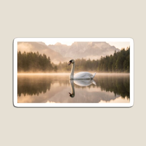Item preview, Golden Hour Swan on Misty Lake Photography | Elegant Mountain Landscape Wall Art Sunrise designed and sold by Mypixieart.