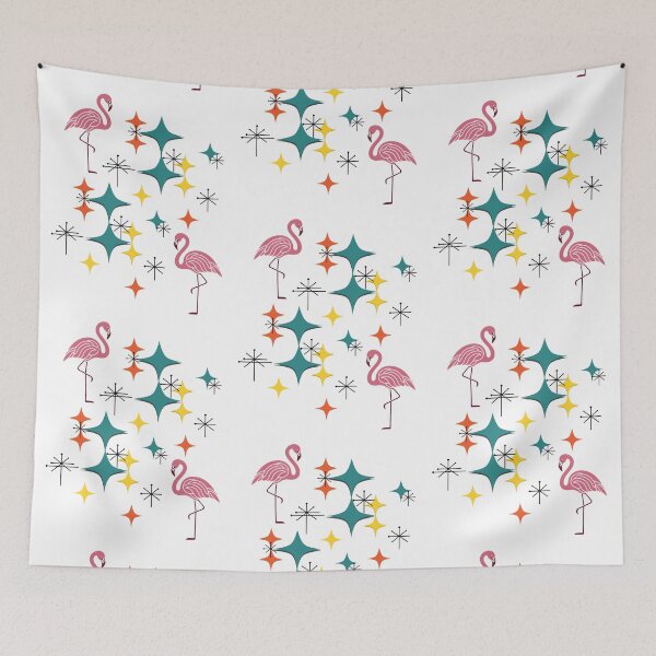 Item preview, Mid Century Modern Diamonds Starbursts Pink Flamingos designed and sold by Itaya Art.