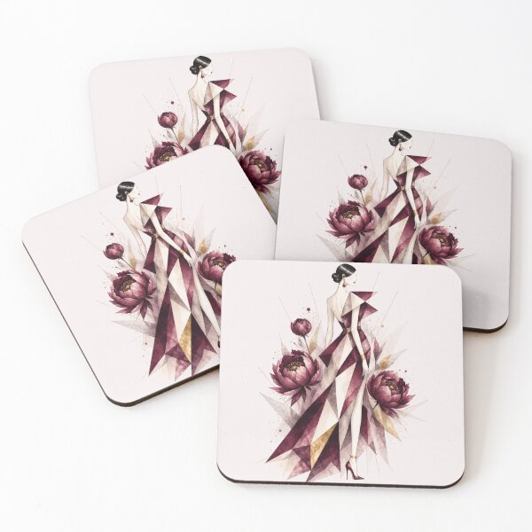 Item preview, Luxury Cubism Fashion Illustration. Peonies in red wine tones. designed and sold by NewtBoo.