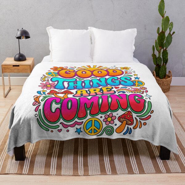 Item preview, Good Things Are Coming Retro Groovy Hippie Typography | Smiling Sun Daisy Mushroom Peace Sign | 70s Vintage Groovy Aesthetic | Boho Hippie Positive Affirmation designed and sold by CosmoMerchStore.