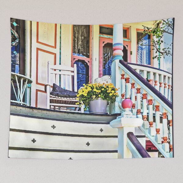 Item preview, Cape May NJ - Flowers and Watering Cans on Porch Steps designed and sold by Susan Savad.