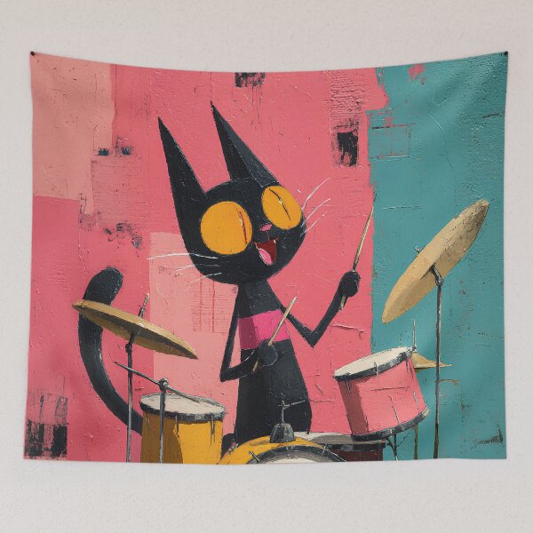 Item preview, Black Cat Playing Drums Whimsical Folk Art designed and sold by daila70.