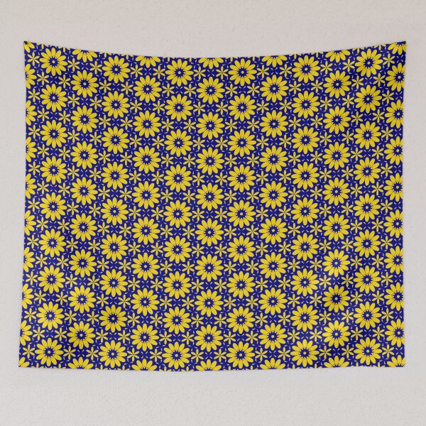 Item preview, Yellow flowers with red accents on royal blue background designed and sold by Chantal creates.