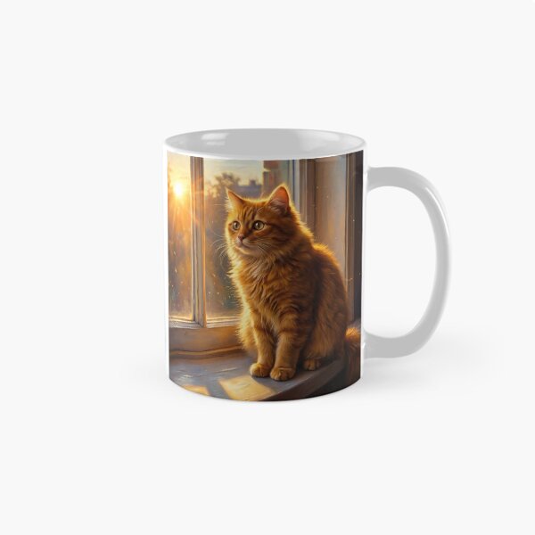 Item preview, Golden Hour Window Watcher: Fluffy Orange Cat Painting designed and sold by MoonwoodStudio.