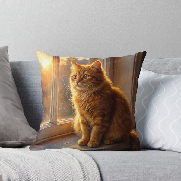 Item preview, Golden Hour Window Watcher: Fluffy Orange Cat Painting designed and sold by MoonwoodStudio.