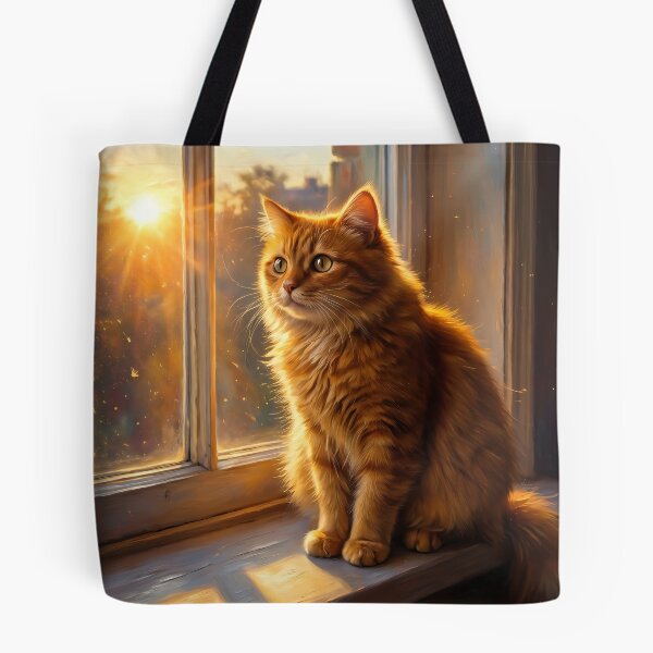 Item preview, Golden Hour Window Watcher: Fluffy Orange Cat Painting designed and sold by MoonwoodStudio.