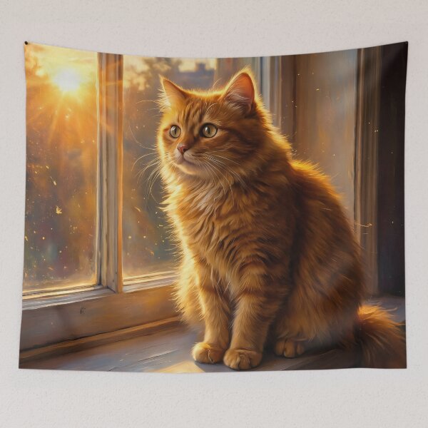Item preview, Golden Hour Window Watcher: Fluffy Orange Cat Painting designed and sold by MoonwoodStudio.