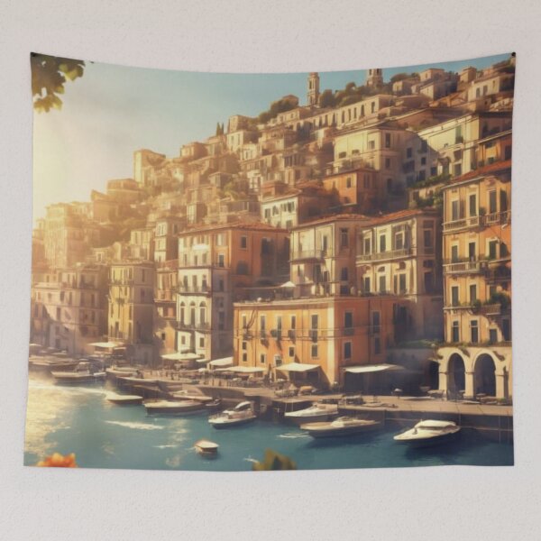Item preview, Amalfi Coast Italy Sunny Harbor Watercolor Landscape Art designed and sold by UmSkelig834.