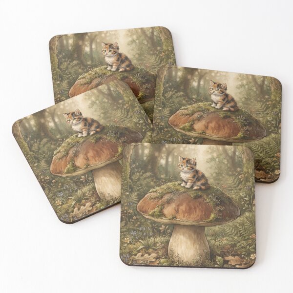 Item preview, Tiny Kitten on a Giant Wild Forest Mushroom Miniature Illustration designed and sold by DuckOddity.