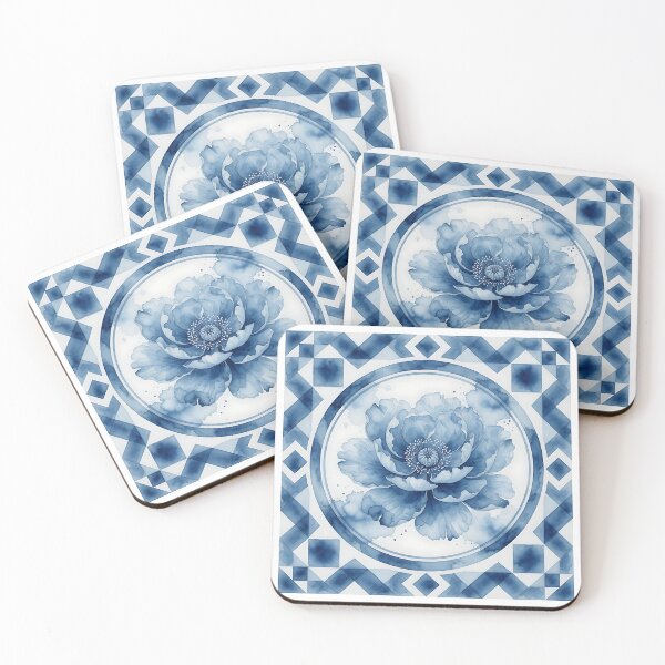 Item preview, Blue Watercolor Peony Tile designed and sold by HappyOops.