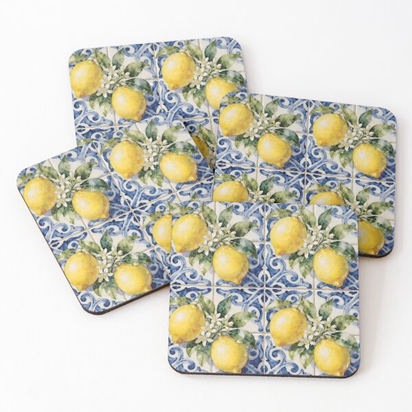 Item preview, Lemon Foliage Pattern on Majolica Tile Background designed and sold by Lucia Amaris Art.