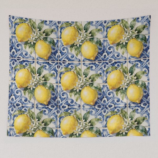 Item preview, Lemon Foliage Pattern on Majolica Tile Background designed and sold by Lucia Amaris Art.