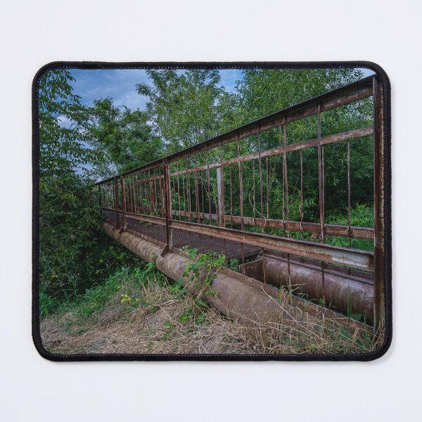 Item preview, Rusty Abandoned Bridge Over Industrial Pipes — Urbex Photography Print designed and sold by Rabee Khalil Photography.