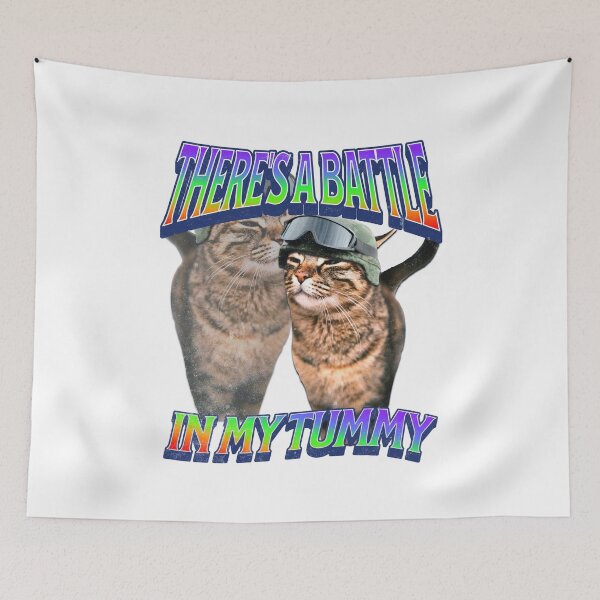 Item preview, There's a battle in my tummy ironic bootleg Y2K retro tee design, cat kitten war, animal meme gen z brainrot designed and sold by DisgustangCO.