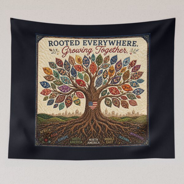 Item preview, ✂️ STITCHED TOGETHER COLLECTION ✂️- ❤️ - Rooted Everywhere. Growing Together. - Tree with multicultural patterned leaves designed and sold by WheelieGdArt.