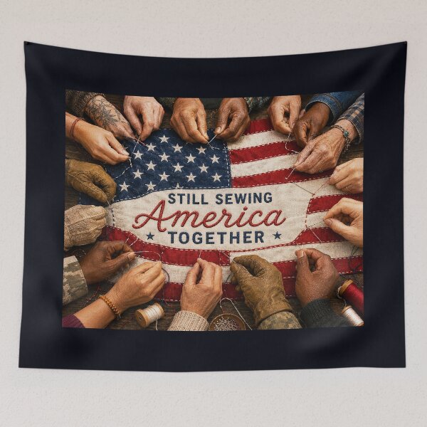 Item preview, ✂️ STITCHED TOGETHER COLLECTION ✂️- ❤️ - Still Sewing America Together - Diverse hands stitching a flag v1 designed and sold by WheelieGdArt.