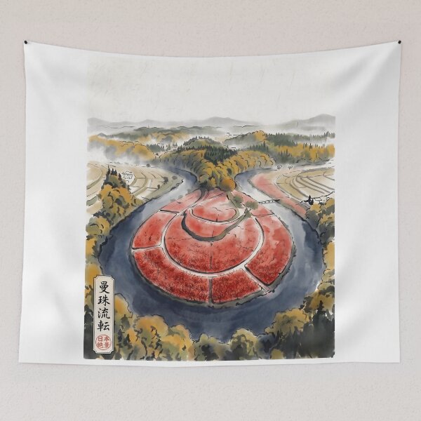 Item preview, Sumi-e Red Spider Lily Aerial River Landscape designed and sold by conohitoAI-ArtGallery.