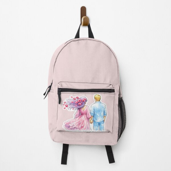Item preview, Couple hand in hand in pink and blue with peonies in her hair designed and sold by wallartofmio.