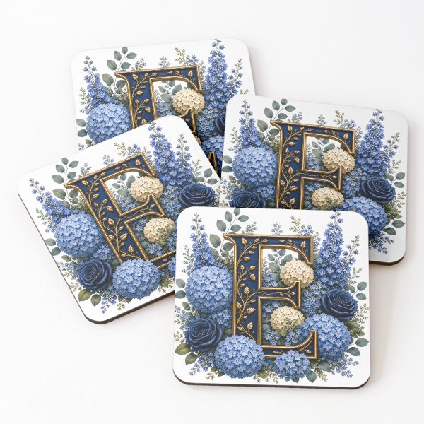 Aperçu de l'œuvre Monogramme élégant en forme de lettre E orné d'hortensias bleus et d'un motif botanique doré | Initiales florales de luxe créée et vendue par MoodLay.