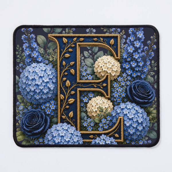 Item preview, Elegant Letter E Monogram with Blue Hydrangeas & Gold Botanical Design | Luxury Floral Initial Art designed and sold by MoodLay.
