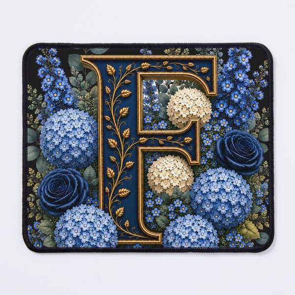 Item preview, Elegant Letter F Monogram with Blue Hydrangeas & Gold Botanical Design | Luxury Floral Initial Art designed and sold by MoodLay.