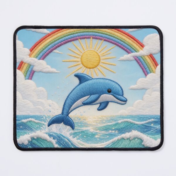 Item preview, Blue Dolphin Rainbow Sea Sun Clouds Embroidery Illustration designed and sold by Ciervo Primavera.