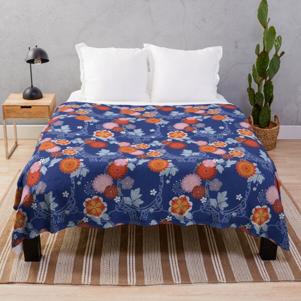 Item preview, Asian Art Nouveau floral on blue designed and sold by Morrisseyfabric.
