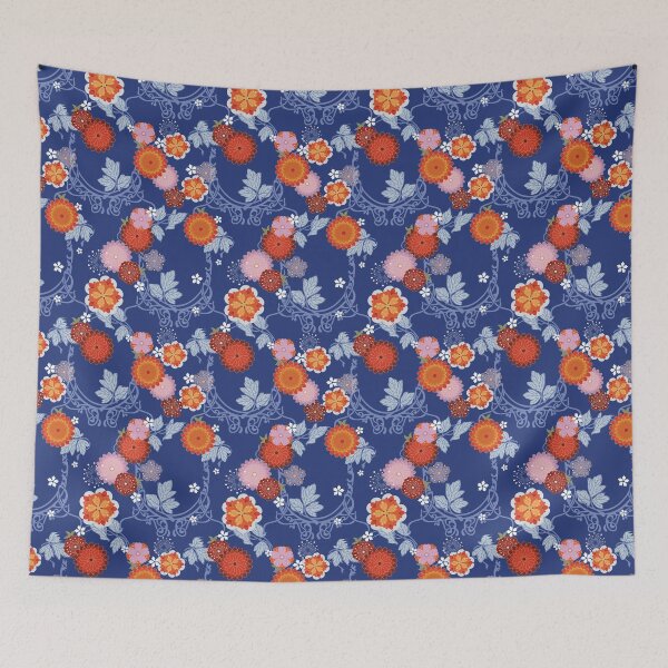 Item preview, Asian Art Nouveau floral on blue designed and sold by Morrisseyfabric.