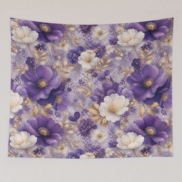 Aperçu de l'œuvre Élégant motif floral violet et blanc avec des accents dorés créée et vendue par Lucia Amaris Art.