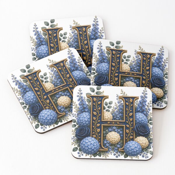 Artikelvorschau, Elegantes Monogramm des Buchstabens I mit blauen Hortensien und goldenem botanischem Design | Luxuriöse florale Initialen-Kunst entworfen und verkauft von MoodLay.