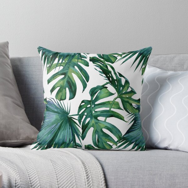 Classic Green Tropical Monstera Leaf and Palm Leaves on White Throw Pillow