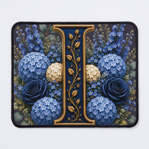 Item preview, Elegant Letter I Monogram with Blue Hydrangeas & Gold Botanical Design | Luxury Floral Initial Art designed and sold by MoodLay.