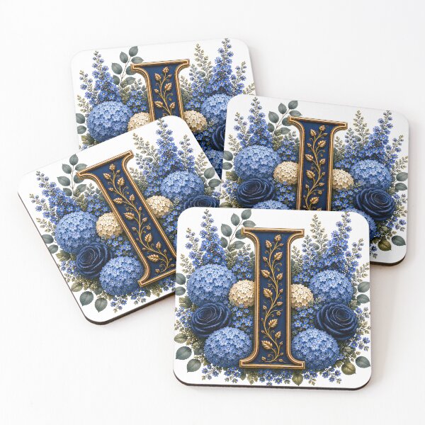 Item preview, Elegant Letter I Monogram with Blue Hydrangeas & Gold Botanical Design | Luxury Floral Initial Art designed and sold by MoodLay.