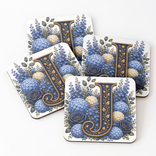 Item preview, Elegant Letter J Monogram with Blue Hydrangeas & Gold Botanical Design | Luxury Floral Initial Art designed and sold by MoodLay.