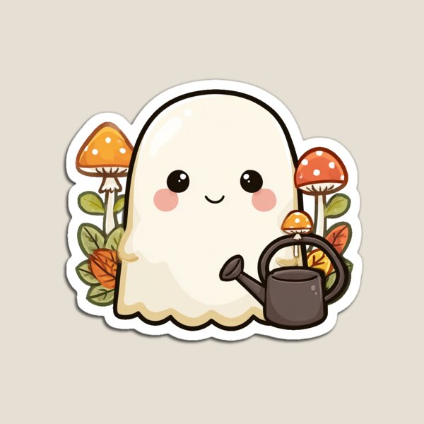 Item preview, Cute Ghost Watering Mushrooms Halloween Sticker designed and sold by InkAndGloom.